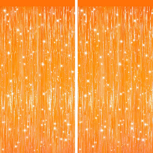 GCB 2Pack Orange Fringe Curtain Party Streamers, Foil Fringe Backdrop Curtains for Birthday Decorations Wedding Graduation Bridal Baby Shower Tinsel Streamers Orange Party Decorations Door Streamer