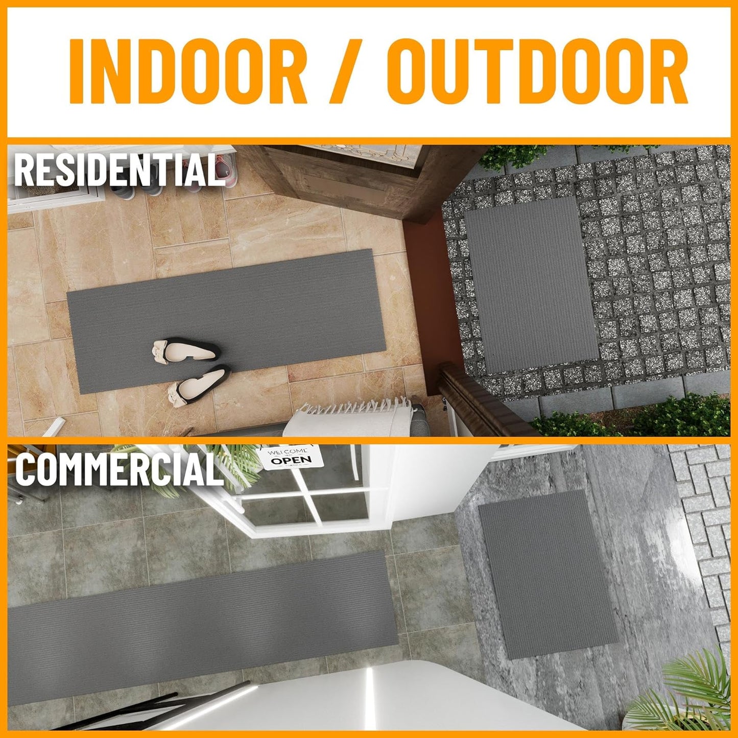 Ottomanson 2' x 25' Hallway Runner with Scraper Pile Extra Durable Non-Slip Rug Mat for Indoor & Outdoor Use - Ideal for Kitchen, Entryway, Patio & Garage - High-Traffic Carpet, Gray