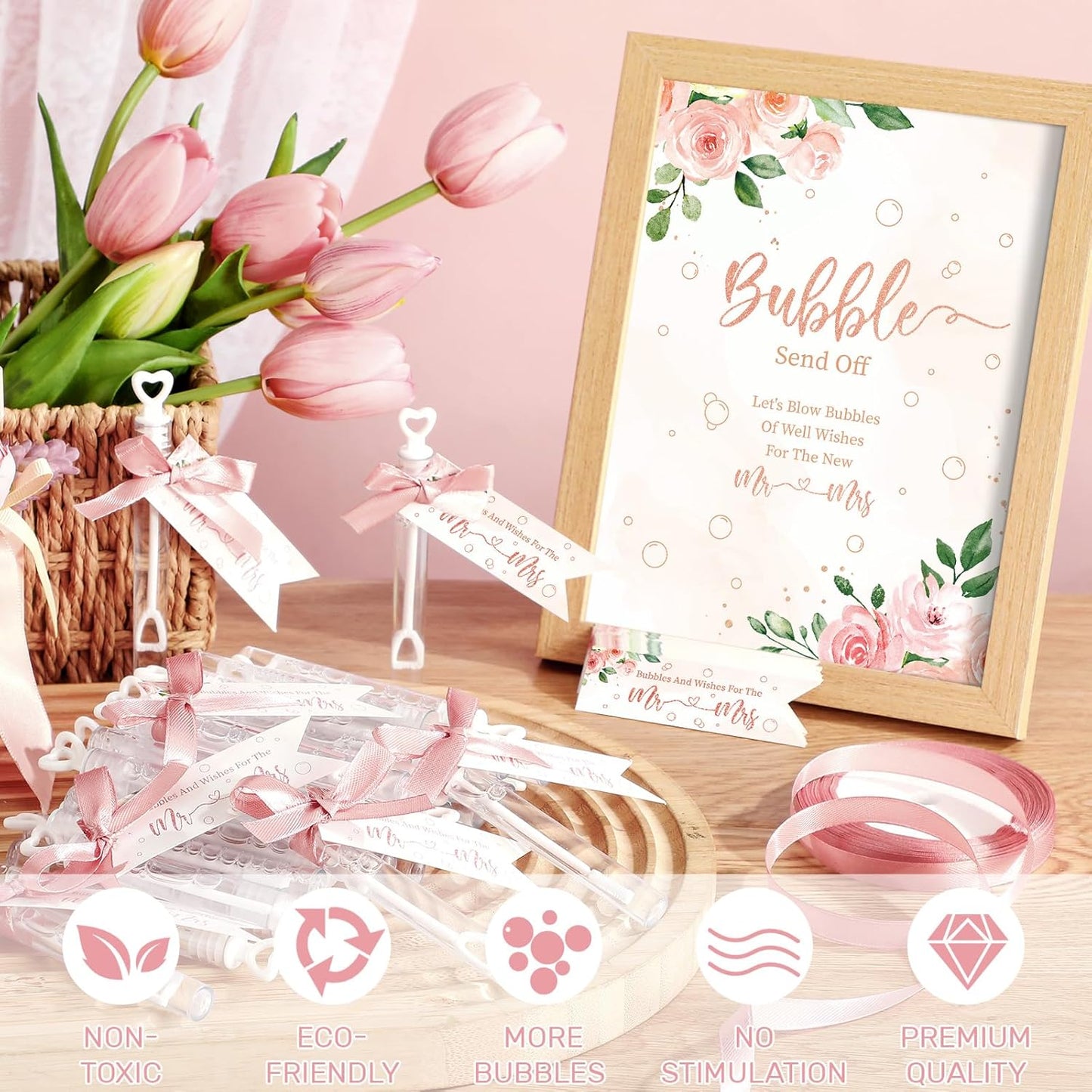 405 Pcs Wedding Bubbles Wands Set Include Heart Bubble Wands Bubbles Send Off Cards Gift Tags Wood Photo Frame Ribbons for Wedding Send Off Party Favors (Rose Pink)