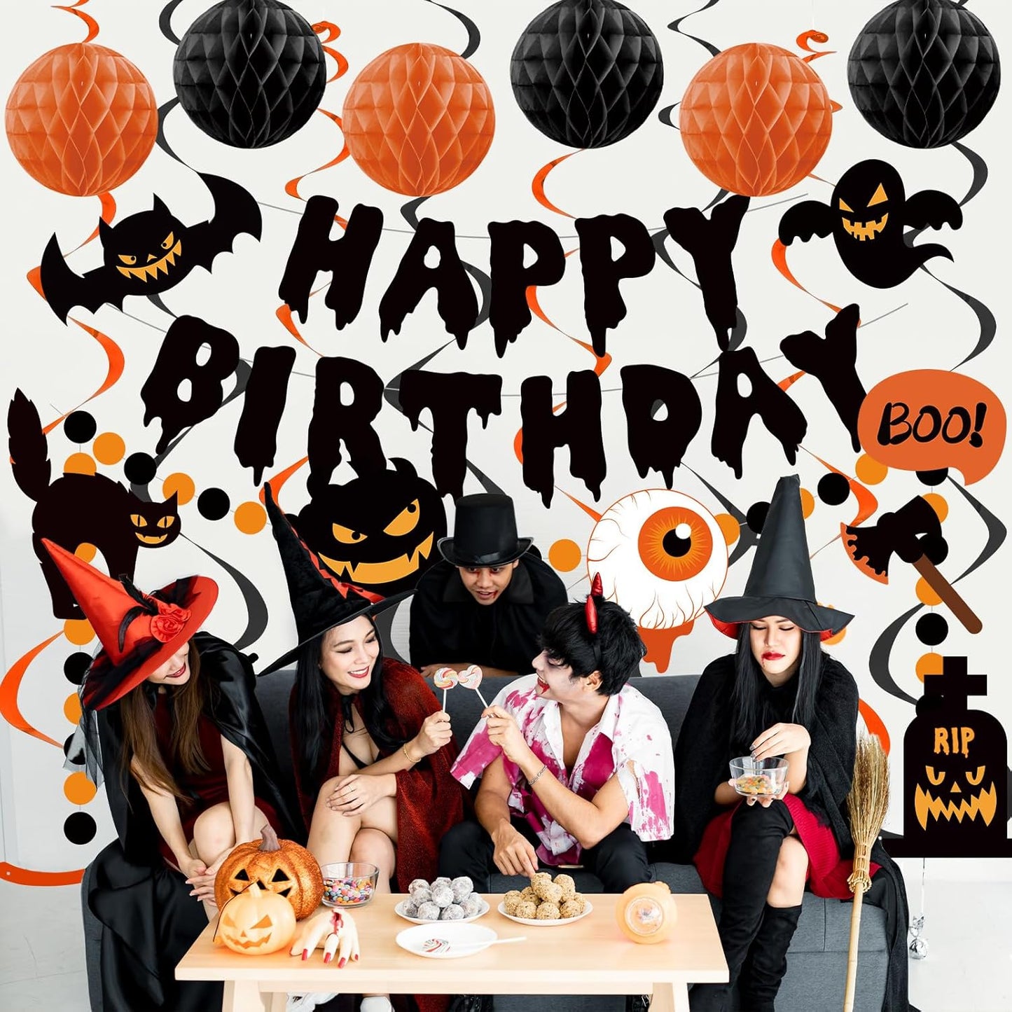 Halloween Birthday Decorations, Happy Birthday Banner for Halloween Party, Kid's Party Decorations with Honeycomb Balls, Hanging Swirl Streamers, Circle Dot Garland