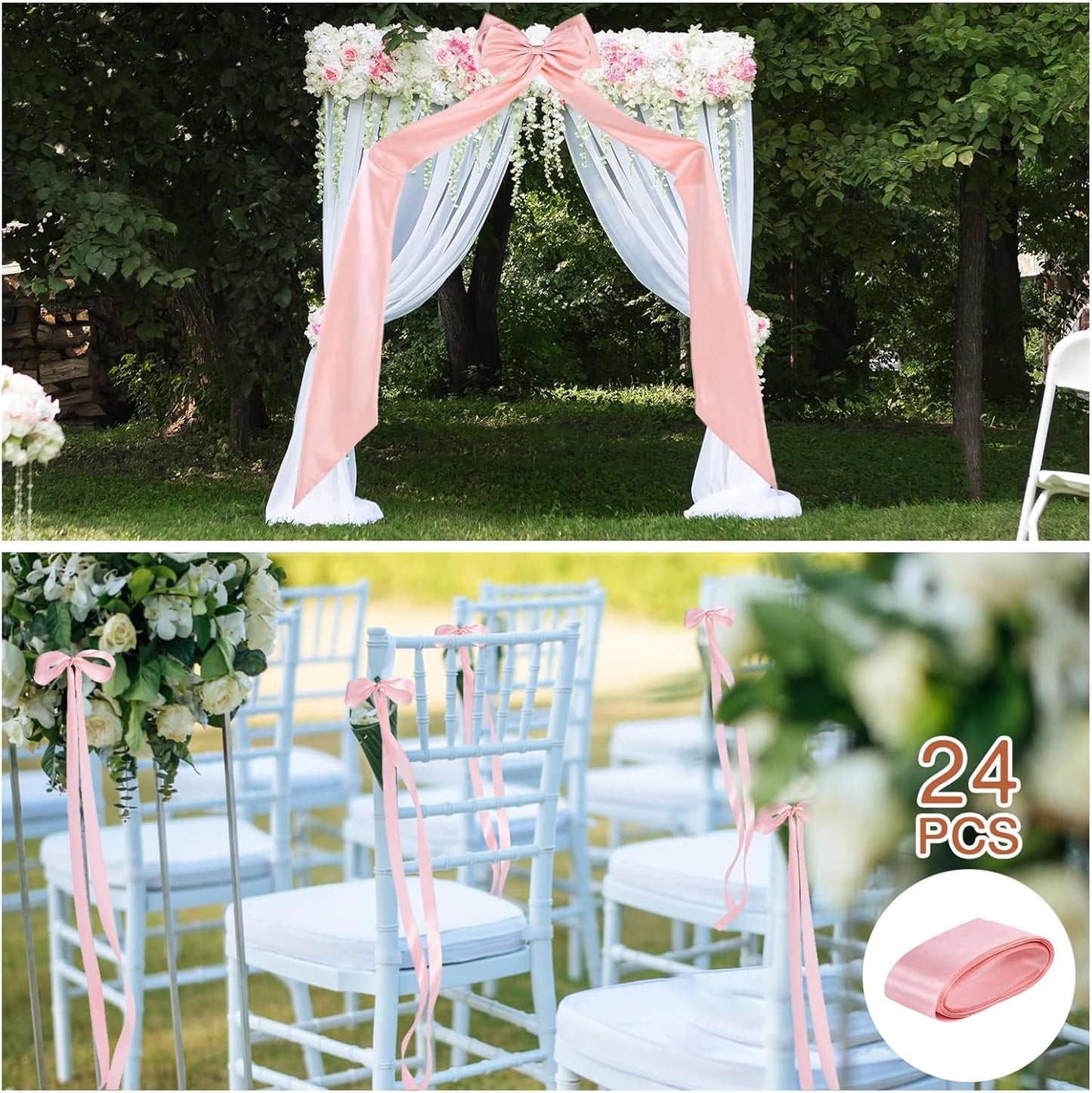 Big Bow with 24 Pcs Chair Ribbon Wedding Aisle Decorations, 78x18 inch Giant Bow for Backdrop Detachable Bow for Dress, Pew Bows Sashes for Chair Wedding Ceremony Outdoor Party (Pink)