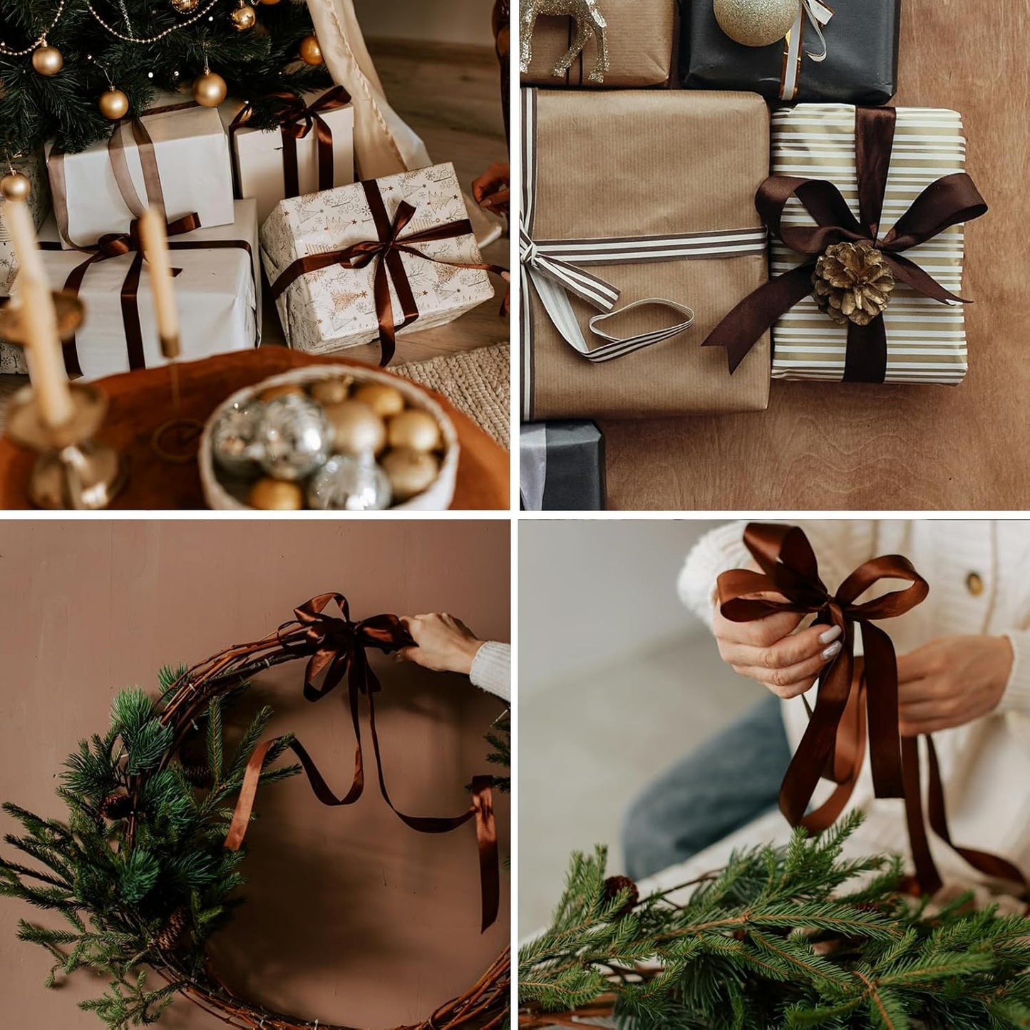 1 Inch Brown Satin Ribbon 50 Yards Solid Fabric Ribbons for Gift Wrapping, Crafts, Floral Arrangements, Wedding, Party, Holiday Decor