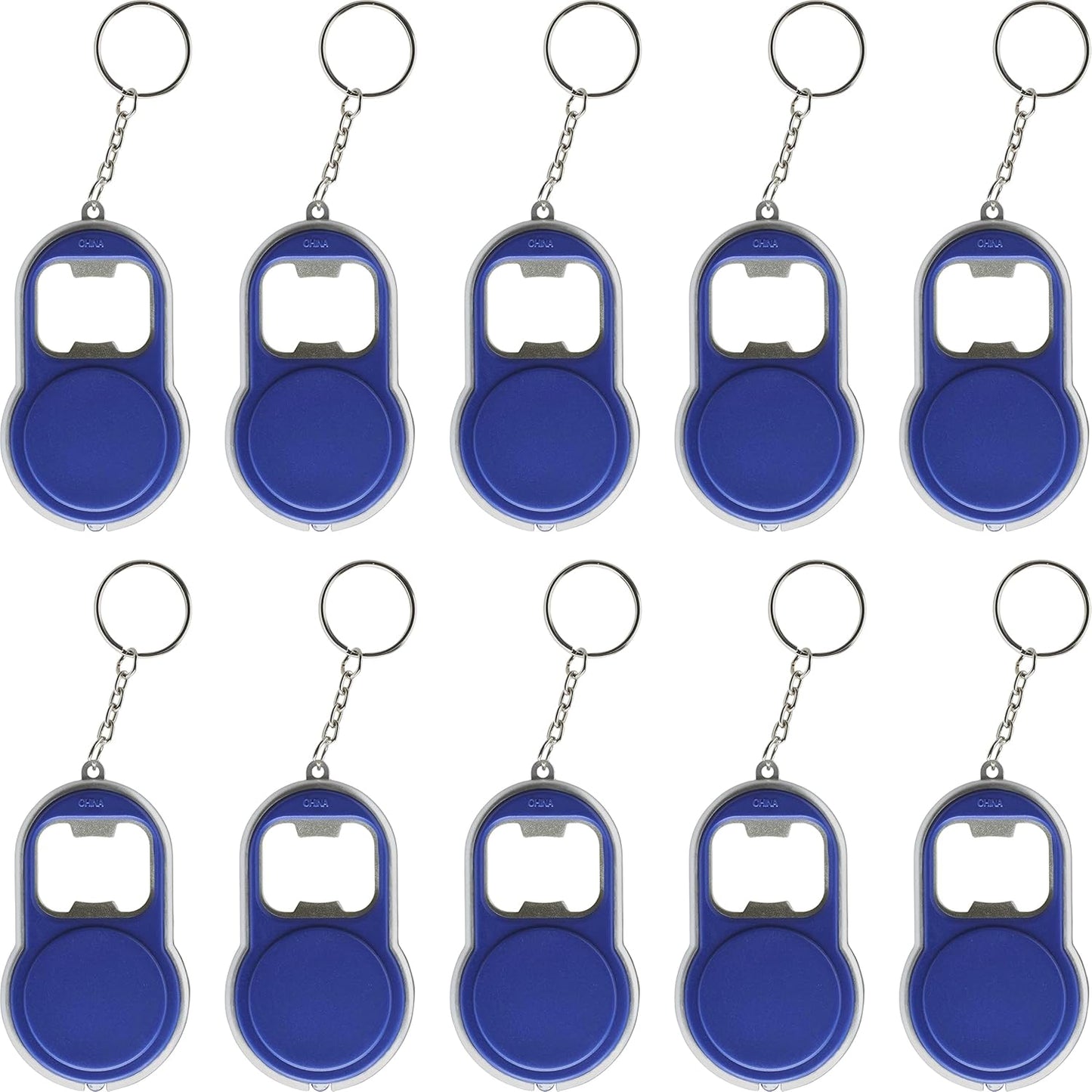 Bottle Opener & LED Keychains Set of 10, Bulk Pack - Perfect for Tradeshows, Party Favors, Other Events - Blue
