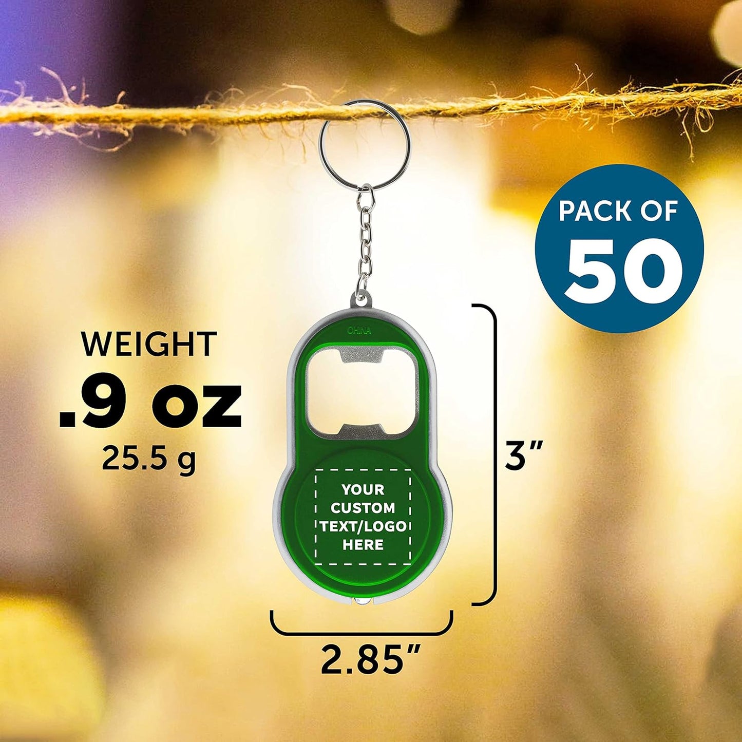 DISCOUNT PROMOS Custom Bottle Opener & LED Keychains Set of 50, Personalized Bulk Pack - Perfect for Tradeshows, Party Favors, Other Events - Green
