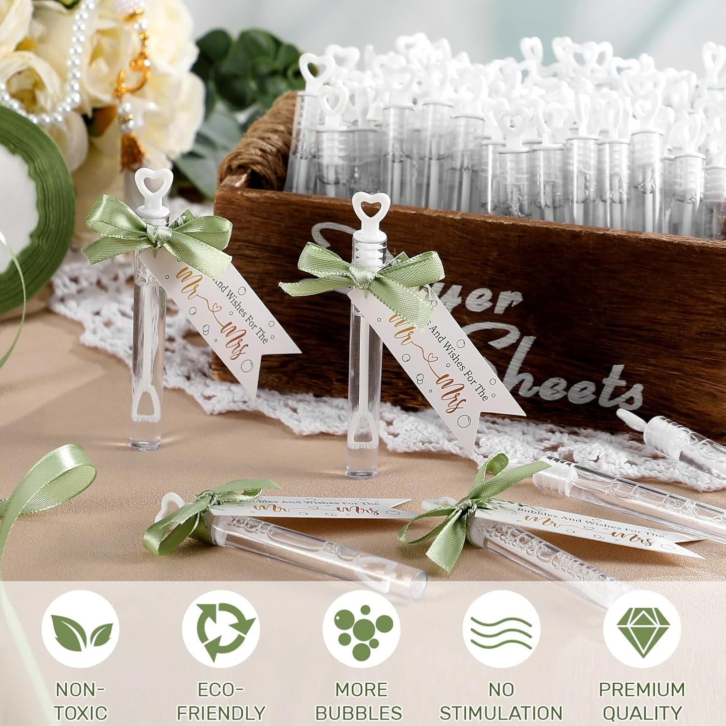 405 Pcs Wedding Bubbles Wands Set Include Heart Bubble Wands Bubbles Send Off Cards Gift Tags Wood Photo Frame Ribbons for Wedding Send Off Party Favors(Sage Green)