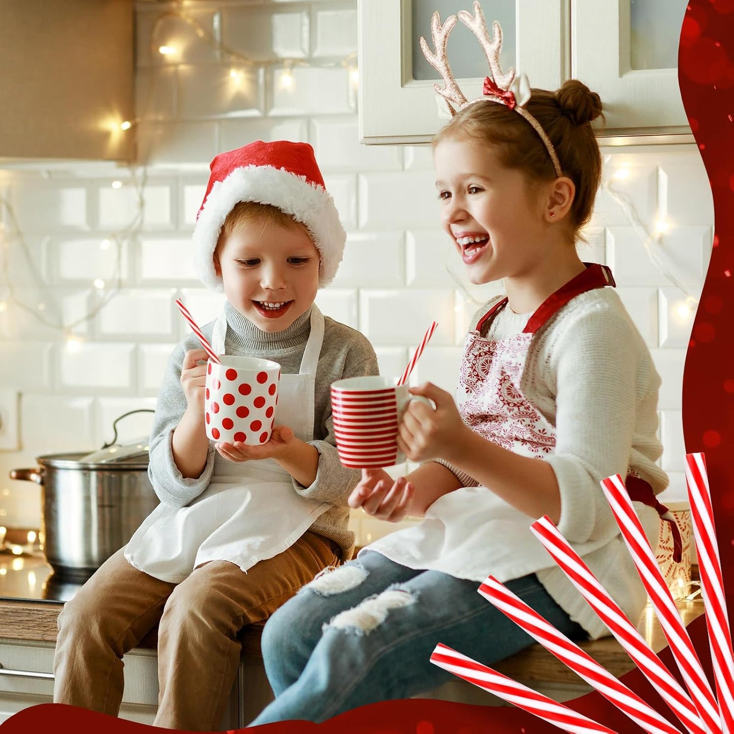 Vesici 9 Inch Plastic Striped Straws Reusable with Cleaning Brush Red Striped Hard Drinking Straws for Christmas Party Decoration Supplies(Red and White,102 Pcs)