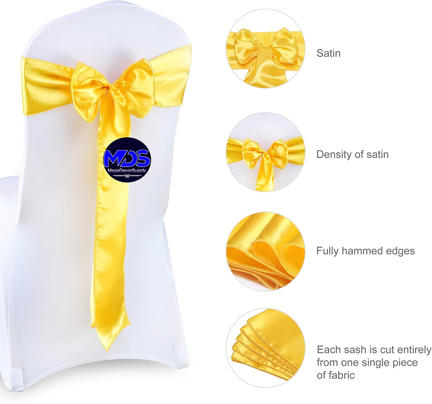 MDS Pack of 125 PCS Satin Chair Sashes Charmeuse Sateen Dining Chair Bows Ribbon Ties Back Sash for Wedding Party Birthday Home Hotel Restaurant Banquet Decoration (7 x 108 Inch, Yellow Gold)