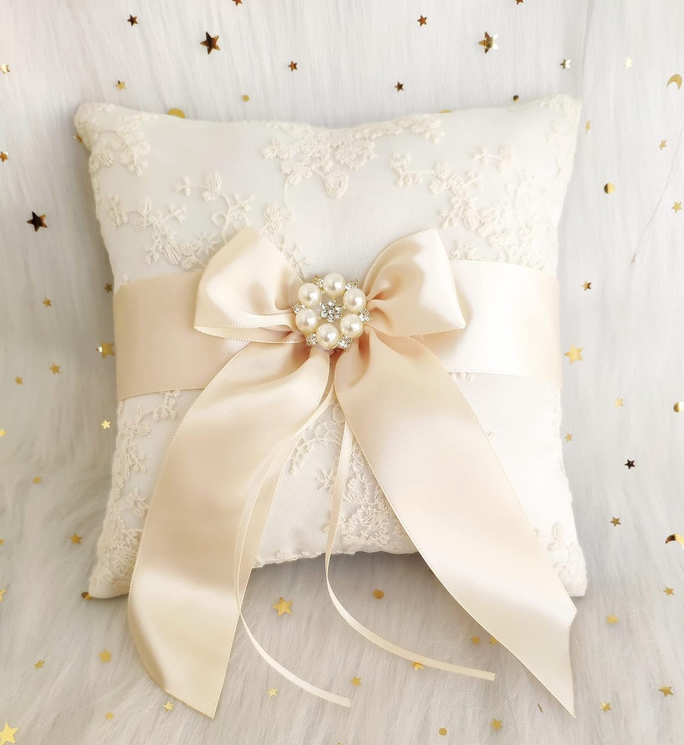 Lace Pearl Wedding Ring Pillow Cushion Bearer 8.26 Inch with Beige Ribbon Bow Rhinestone Brooch Décor for Wedding Ceremony Vow Renewal Baby Shower Party Favor-Pillow