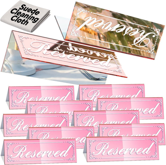 12 Pcs Mirrored Rose Gold Reserved Table Signs, 6" x 2" Double-Sided Letters, Acrylic Reserved Table Tent Signs with Suede Cloth for Wedding Restaurant Ceremony Banquet Parties