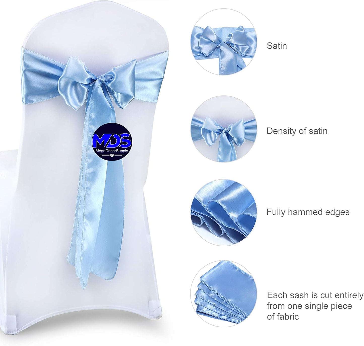 MDS Pack of 150 PCS Satin Chair Sashes Charmeuse Sateen Dining Chair Bows Ribbon Ties Back Sash for Wedding Party Birthday Home Hotel Restaurant Banquet Decoration (7 x 108 Inch, Baby Blue)