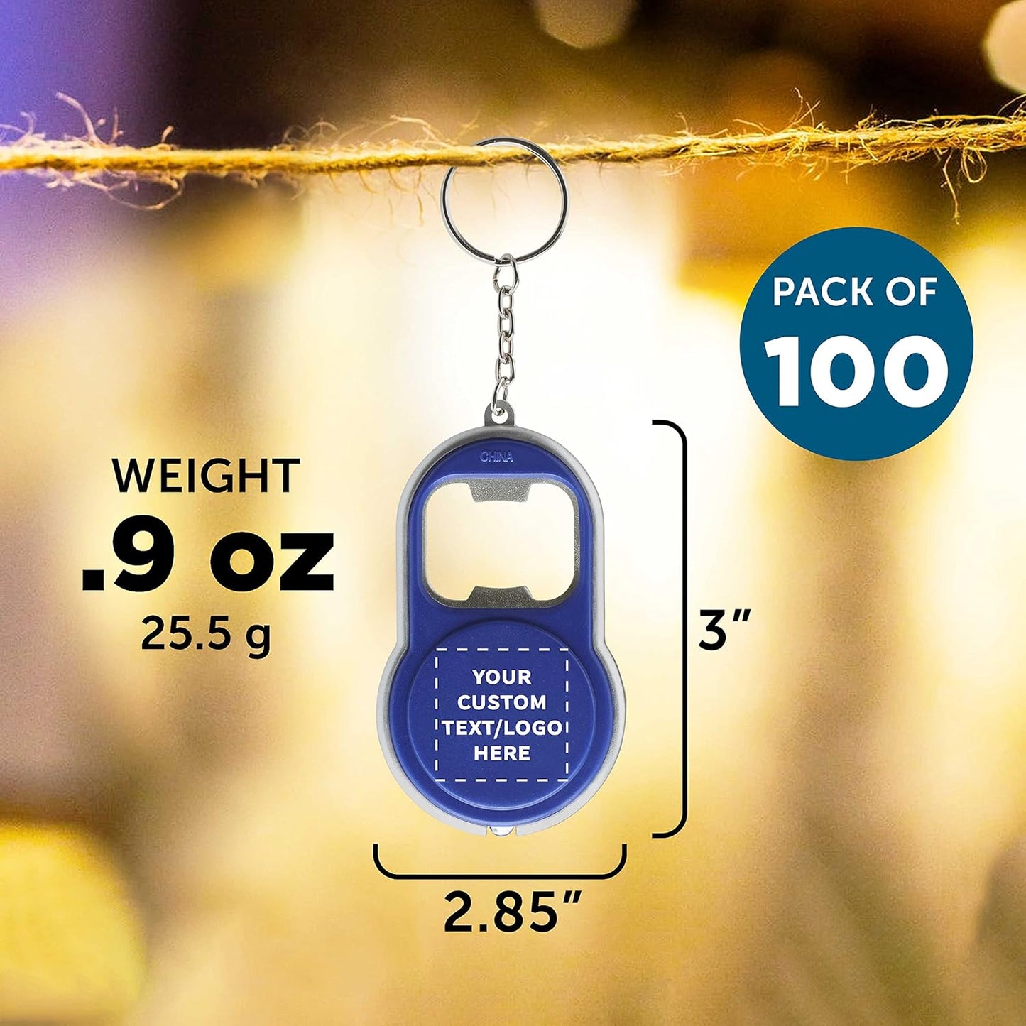 DISCOUNT PROMOS Custom Bottle Opener & LED Keychains Set of 100, Personalized Bulk Pack - Perfect for Tradeshows, Party Favors, Other Events - Blue