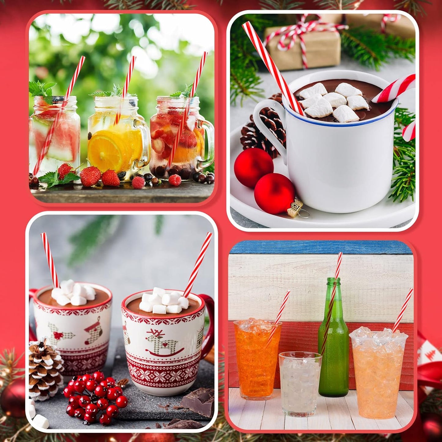 Vesici 9 Inch Plastic Striped Straws Reusable with Cleaning Brush Red Striped Hard Drinking Straws for Christmas Party Decoration Supplies(Red and White,102 Pcs)