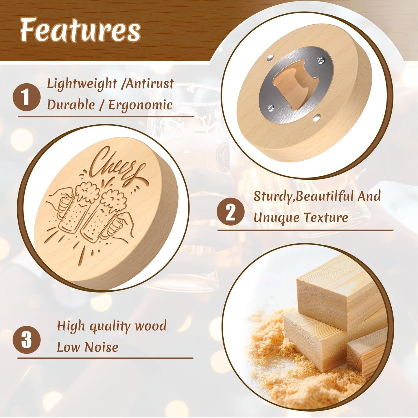 8 Custom Magnetic Bottle Opener Refrigerator, Personalized Engraved Wood Beer Openers, Wooden Round Fridge Magnet for Beer Lover Wedding Guest Bars Parties Men Gift Father's Day (Round)