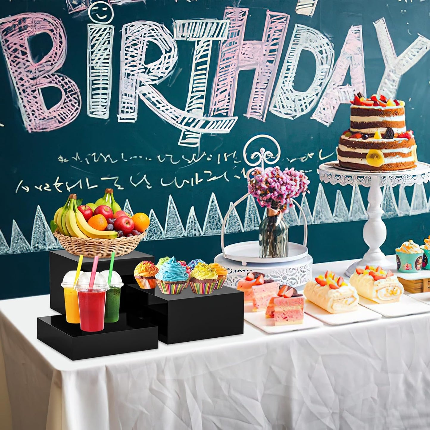 3Pcs Black Buffet Risers Acrylic Boxes Display Food Risers for Buffet Table Platter Parties Weddings Catering Dessert Collectibles Figures Show ( 6''x7''x8'')