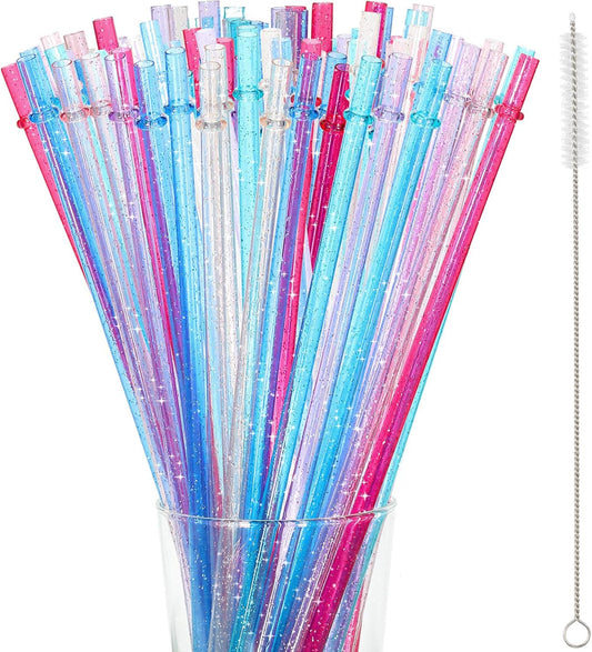 48 Pcs Plastic Straws with Team Bride Flags Reusable Glitter Drinking Straw(Red, Dark Blue, Pink, Champagne, Purple, Blue)