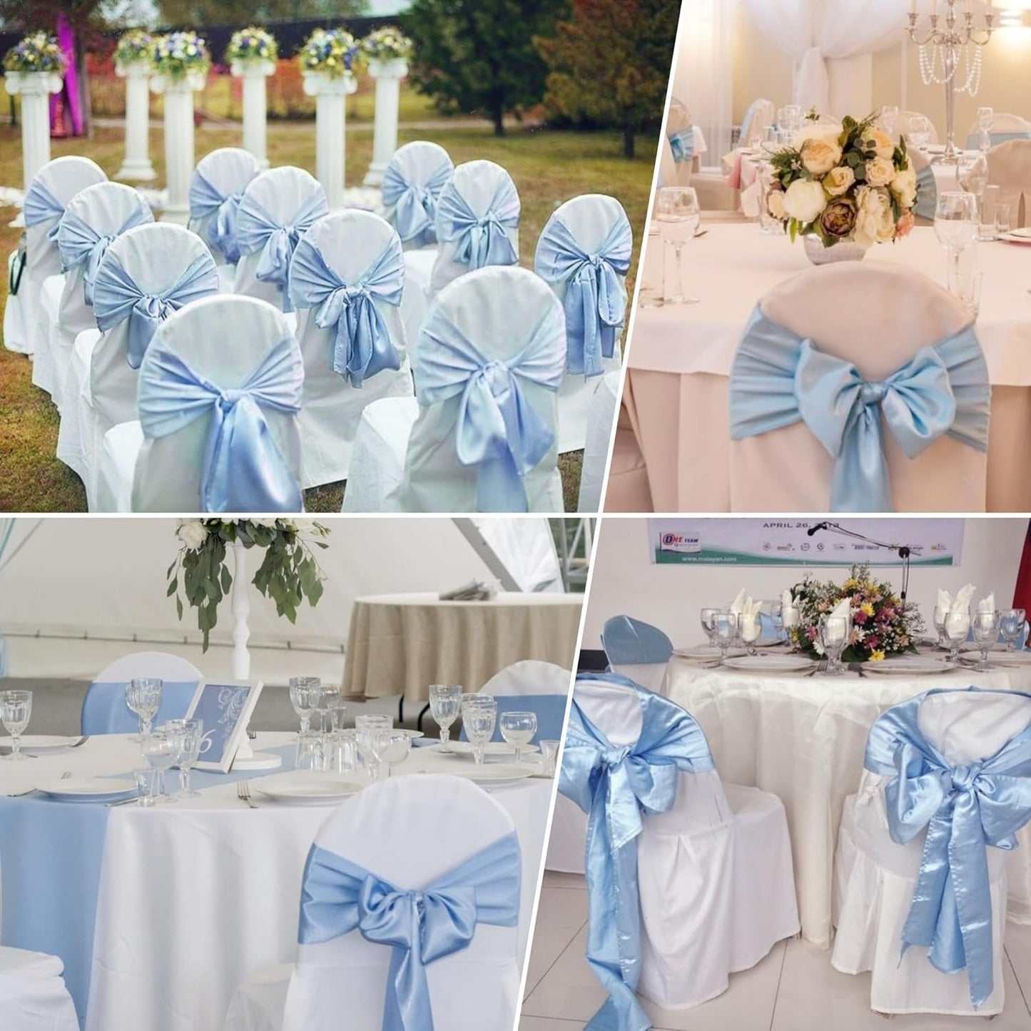 100 PCS Satin Chair Sashes Decorative Bow Chair Sashes Ties Back Ribbon Bows Chairs Cover Band for Wedding Birthday Party Ceremony Reception Events Banquet Home Kitchen Decor(7 x108 inch,Baby Blue)