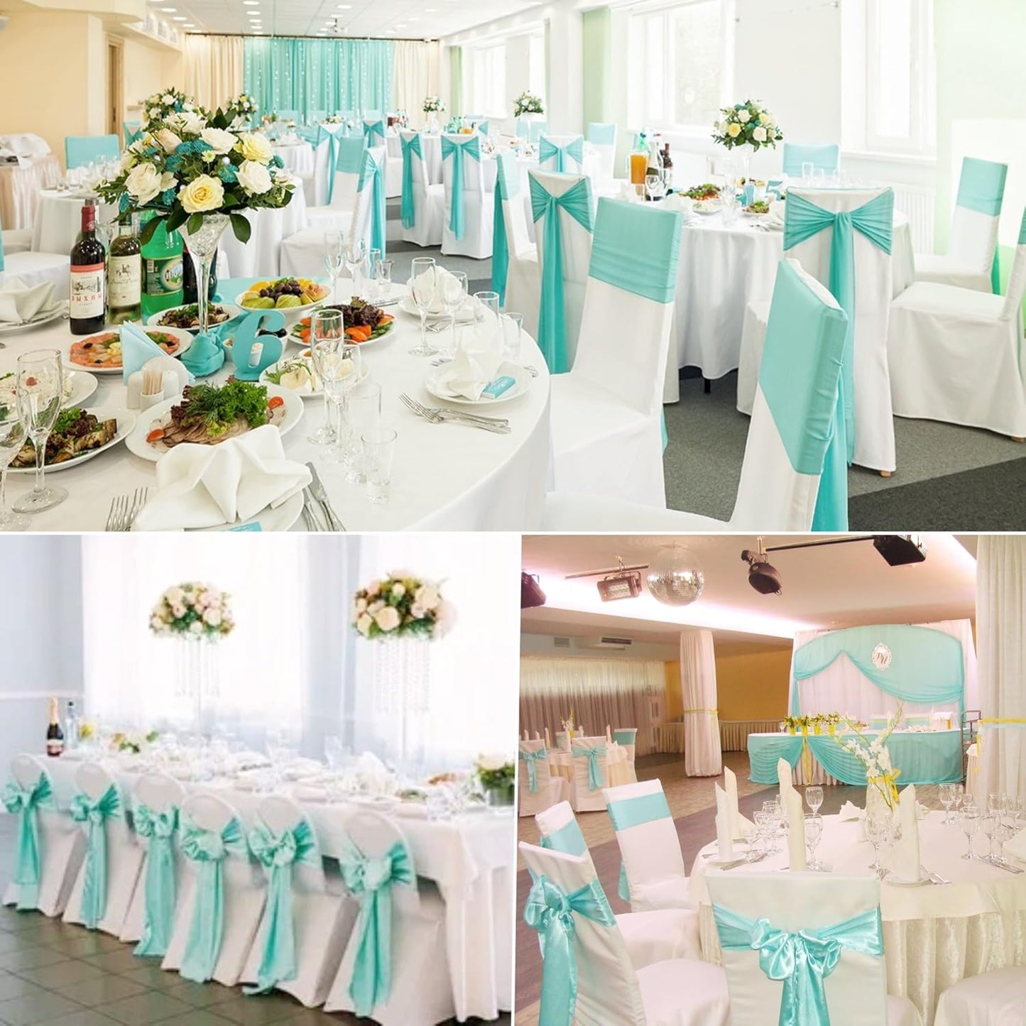 100 PCS Satin Chair Sashes Decorative Bow Chair Sashes Ties Back Ribbon Bow Chairs Cover Band for Wedding Birthday Party Ceremony Reception Event Banquet Hotel Home Kitchen Fall Decor(7 x108inch,Aqua)