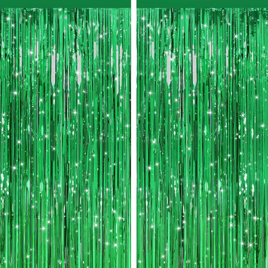 2 Pack Green Streamers Backdrop Jungle Party Decorations Green Foil Fringe Backdrop Curtains Photo Booth Backdrop for Birthday Dinosaur Animal St Patrick's Day Football Xmas Graduation Party Decors