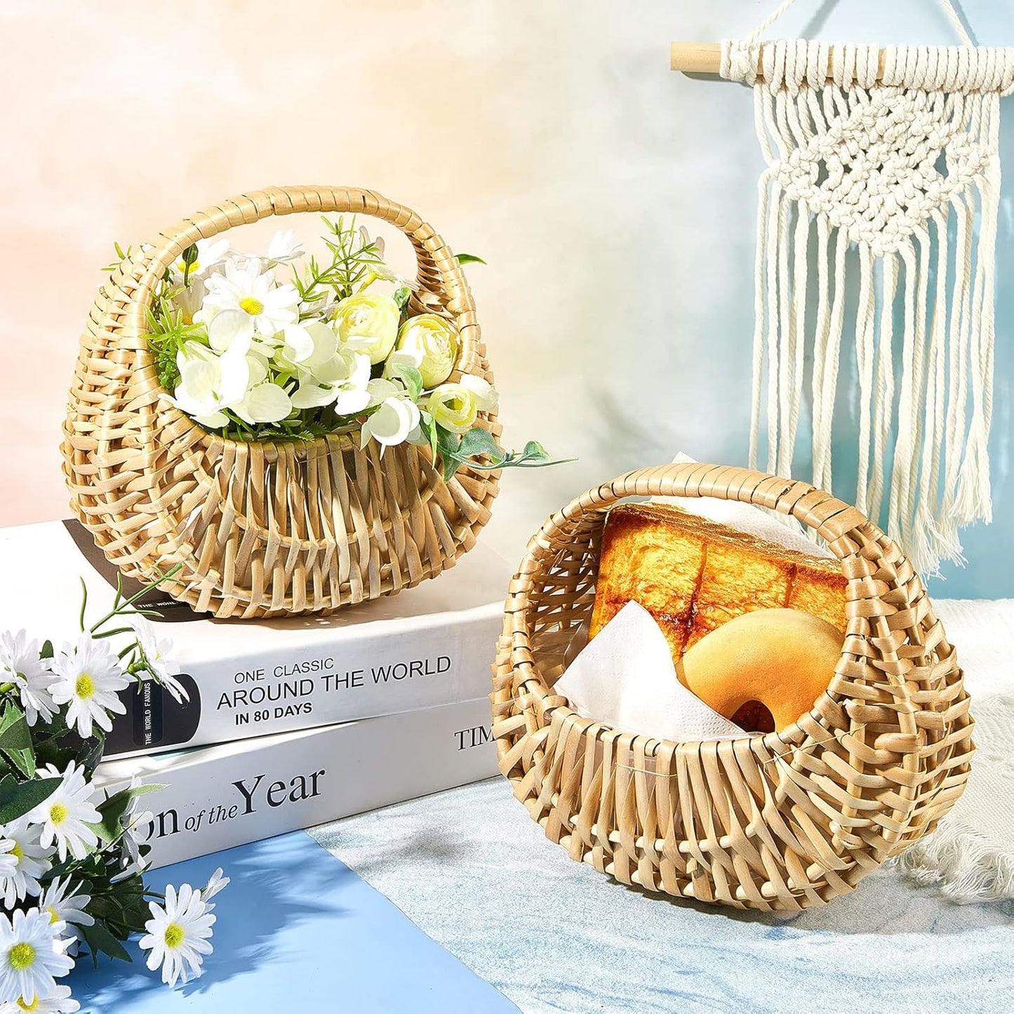 Taiyin 18 Pack Rattan Flower Girl Basket Small Half Moon Straw Wicker Basket with Handle Ideal for Wedding Flower Girl,Picnic,Garden Storage and Home Decor (Nature)