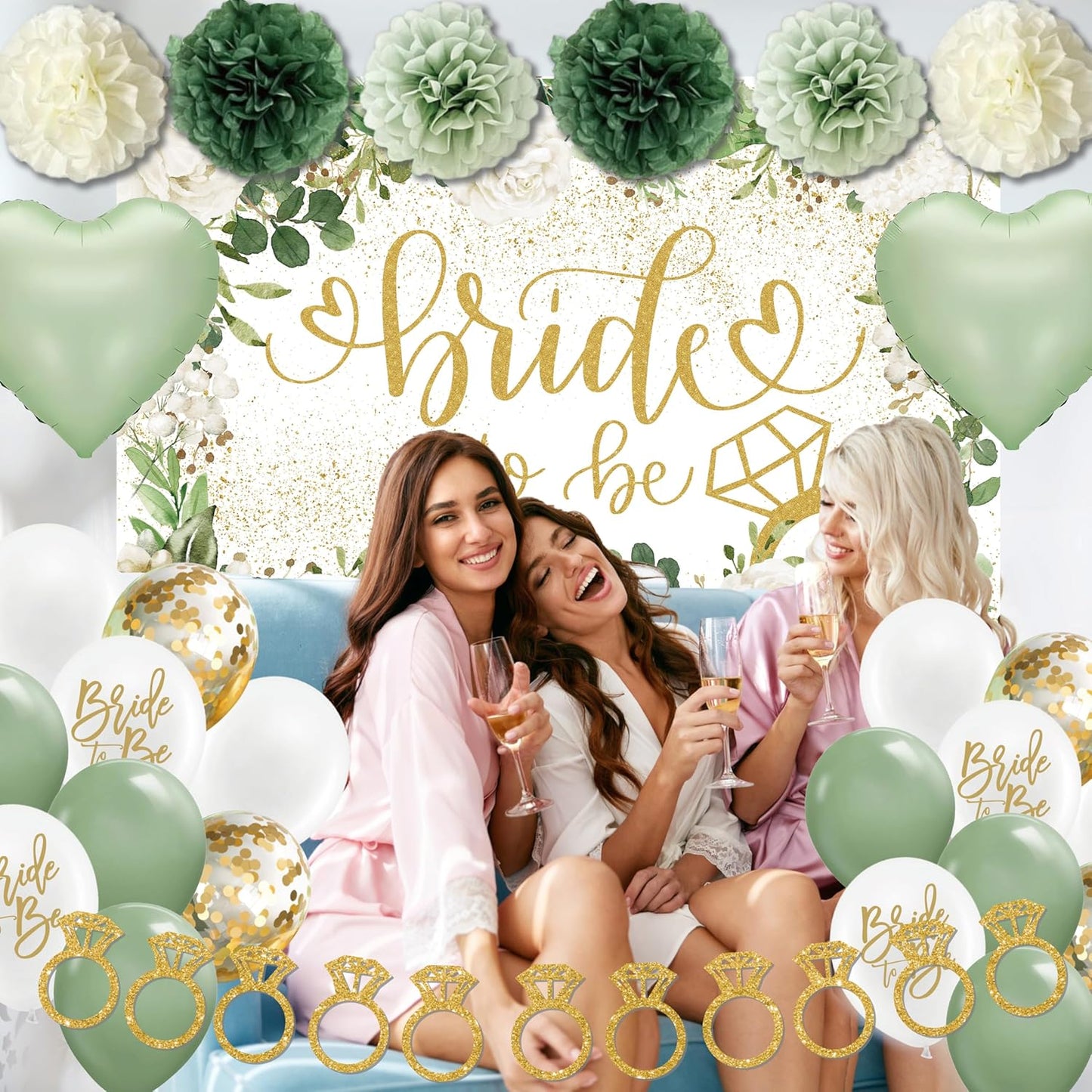 Sage Green Bridal Shower Decorations,Bachelorette Party Decorations, Bride to Be Backdrop, Bridal Shower Balloons, Paper Pom Poms Bride to Be Party Supplies for bridal shower