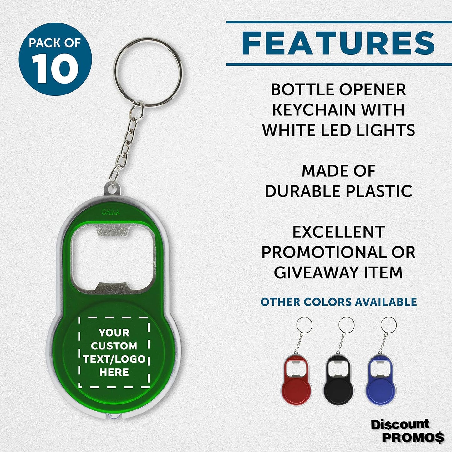 DISCOUNT PROMOS Custom Bottle Opener & LED Keychains Set of 10, Personalized Bulk Pack - Perfect for Tradeshows, Party Favors, Other Events - Green