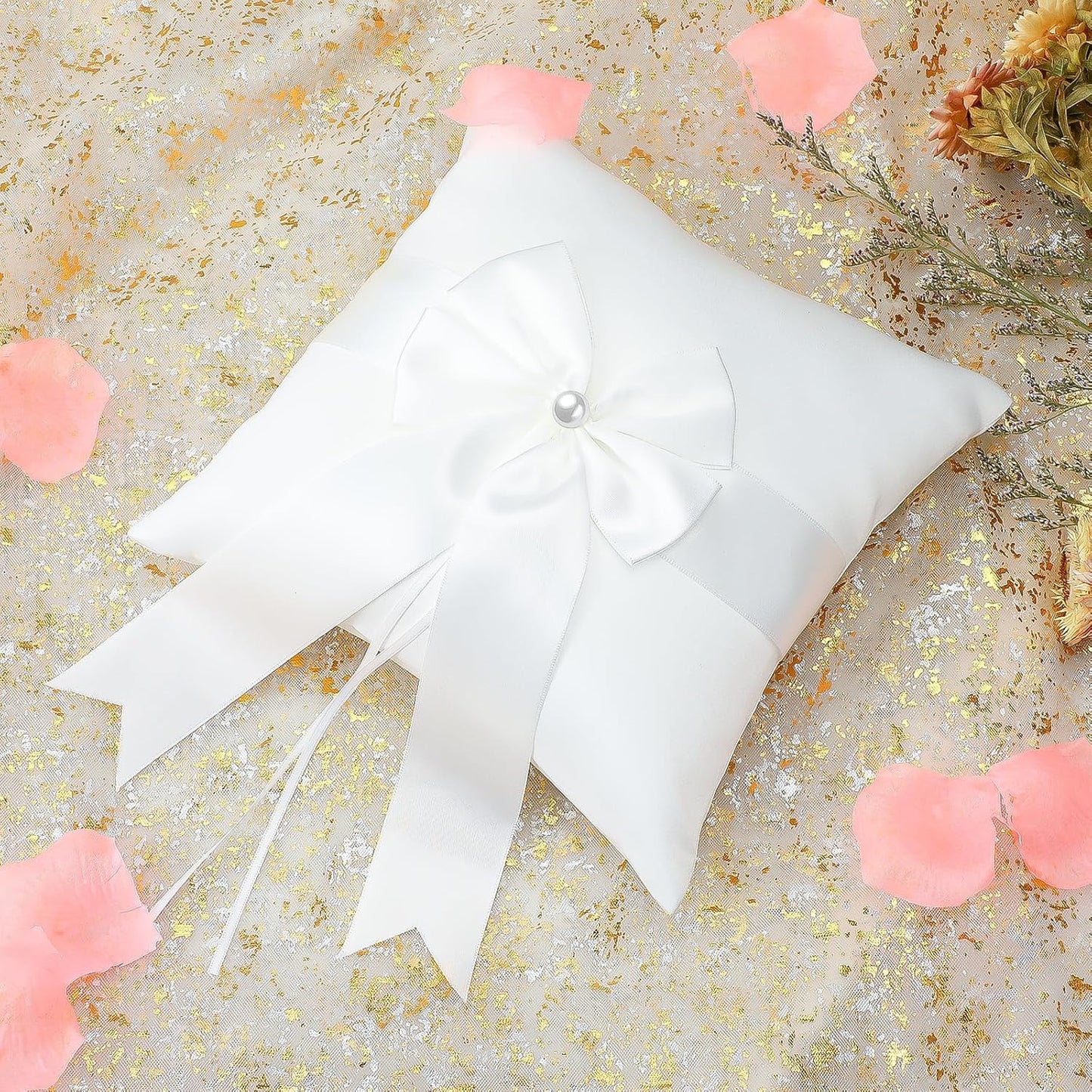 Wedding Ring Pillow Fairy Pearl Ivory Ring Bearer Cushion Bowknot Pocket Rings Bearer Pillow Holder Simple Collection of Big Bow for Wedding Party Ceremony 7.8'' x7.8''