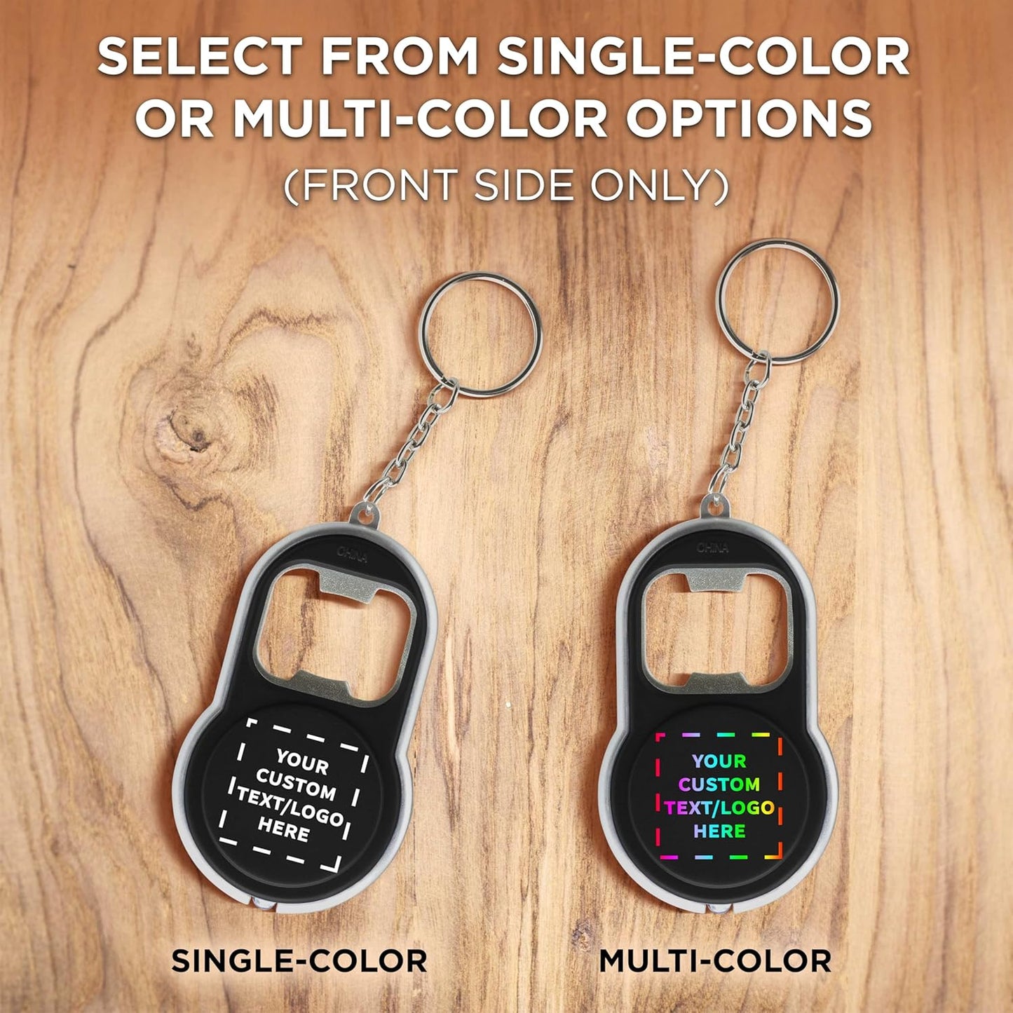 DISCOUNT PROMOS Custom Bottle Opener & LED Keychains Set of 100, Personalized Bulk Pack - Perfect for Tradeshows, Party Favors, Other Events - Black