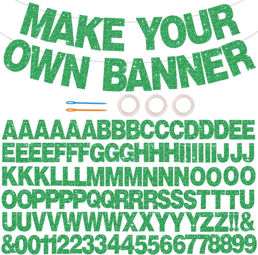 BEISHIDA 116 PCS A-Z Glitter Green DIY Letter Banner Kit Make Your Own Banner，Including 111 Letters and Numbers 3 Rope and 2 Threading Device,Customized for Birthday Graduation Wedding Party Decor