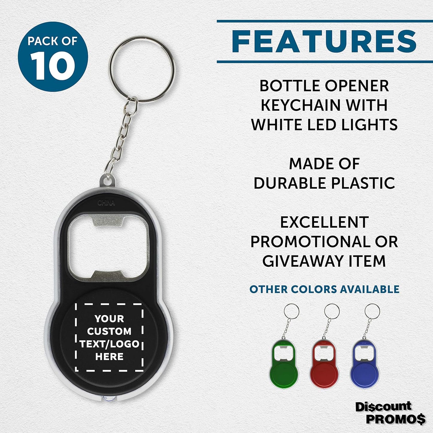DISCOUNT PROMOS Custom Bottle Opener & LED Keychains Set of 10, Personalized Bulk Pack - Perfect for Tradeshows, Party Favors, Other Events - Black