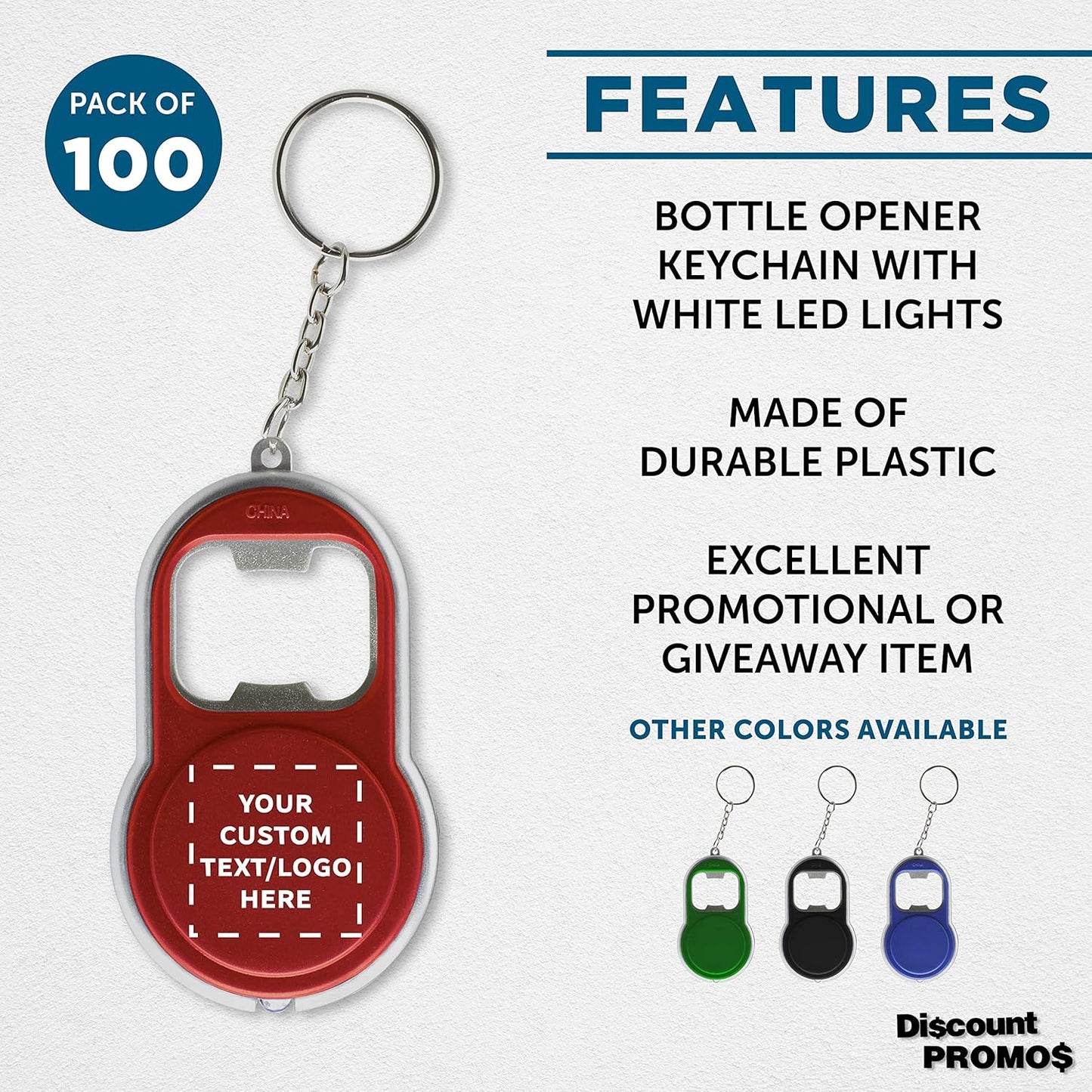 DISCOUNT PROMOS Custom Bottle Opener & LED Keychains Set of 100, Personalized Bulk Pack - Perfect for Tradeshows, Party Favors, Other Events - Red