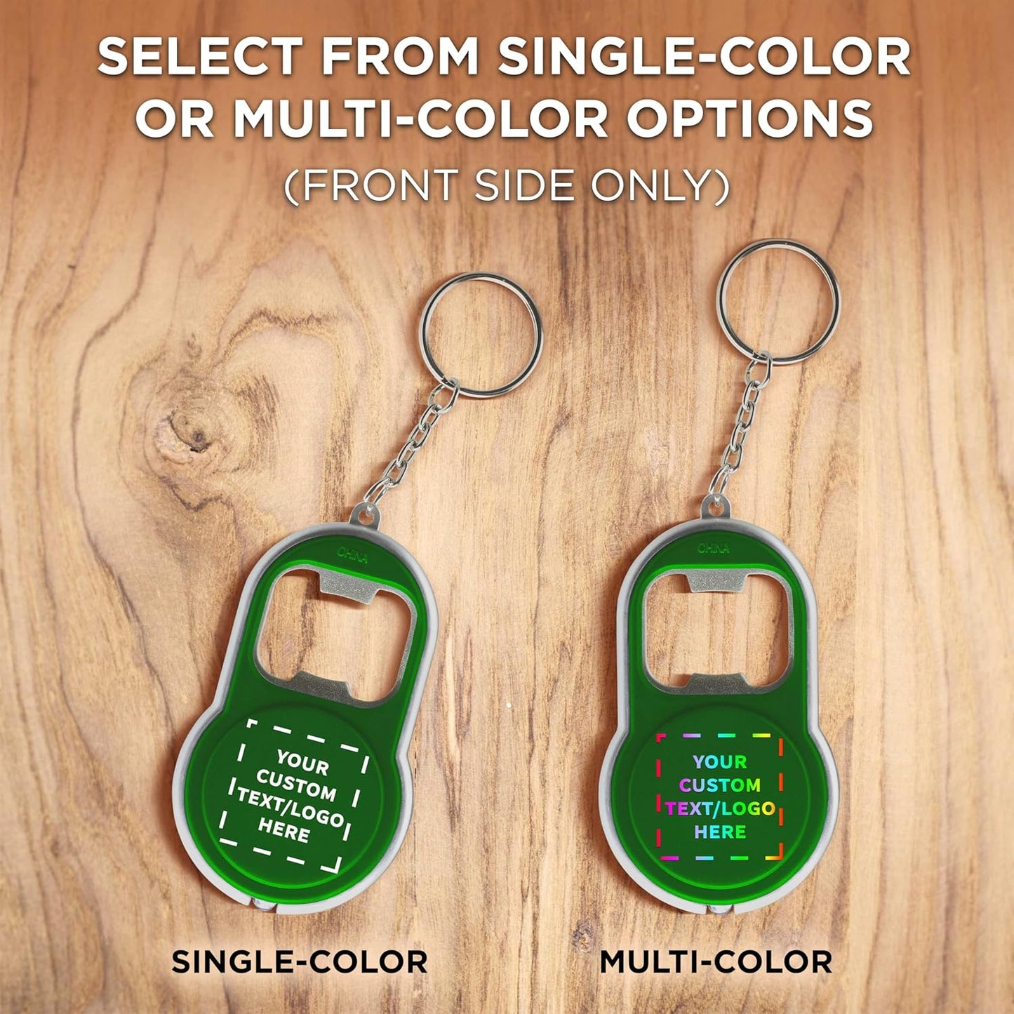 DISCOUNT PROMOS Custom Bottle Opener & LED Keychains Set of 50, Personalized Bulk Pack - Perfect for Tradeshows, Party Favors, Other Events - Green