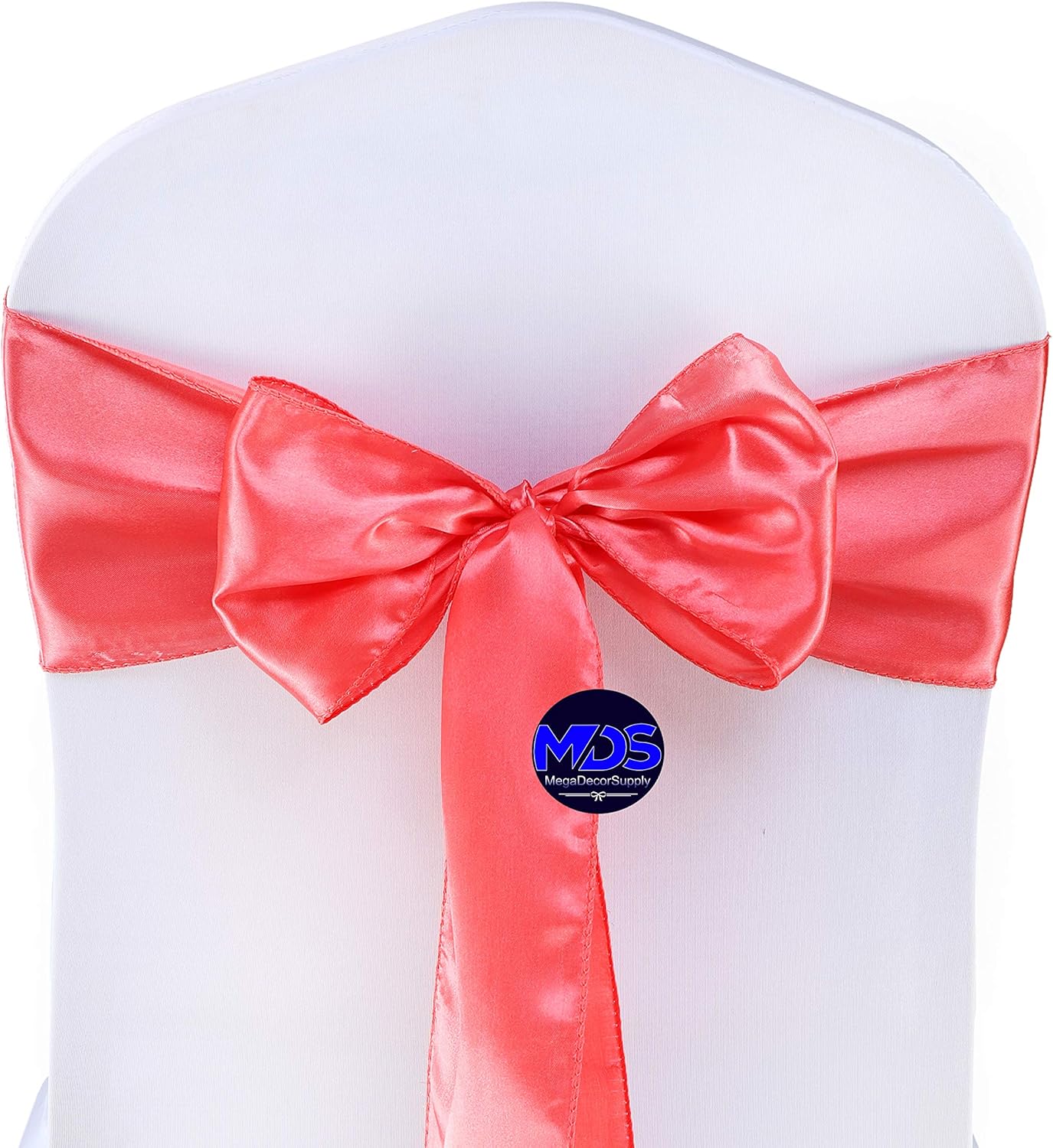 MDS Pack of 10 PCS Satin Chair Sashes Charmeuse Sateen Dining Chair Bows Ribbon Ties Back Sash for Wedding Party Birthday Home Hotel Restaurant Banquet Decoration (7 x 108 Inch, Coral)
