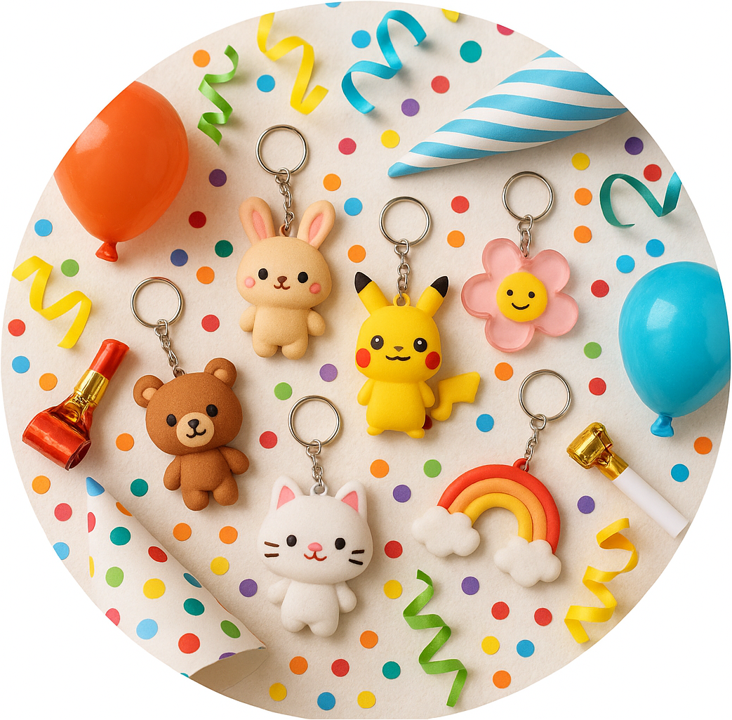 circle photo of party supplies, cute keychains, make a real photo